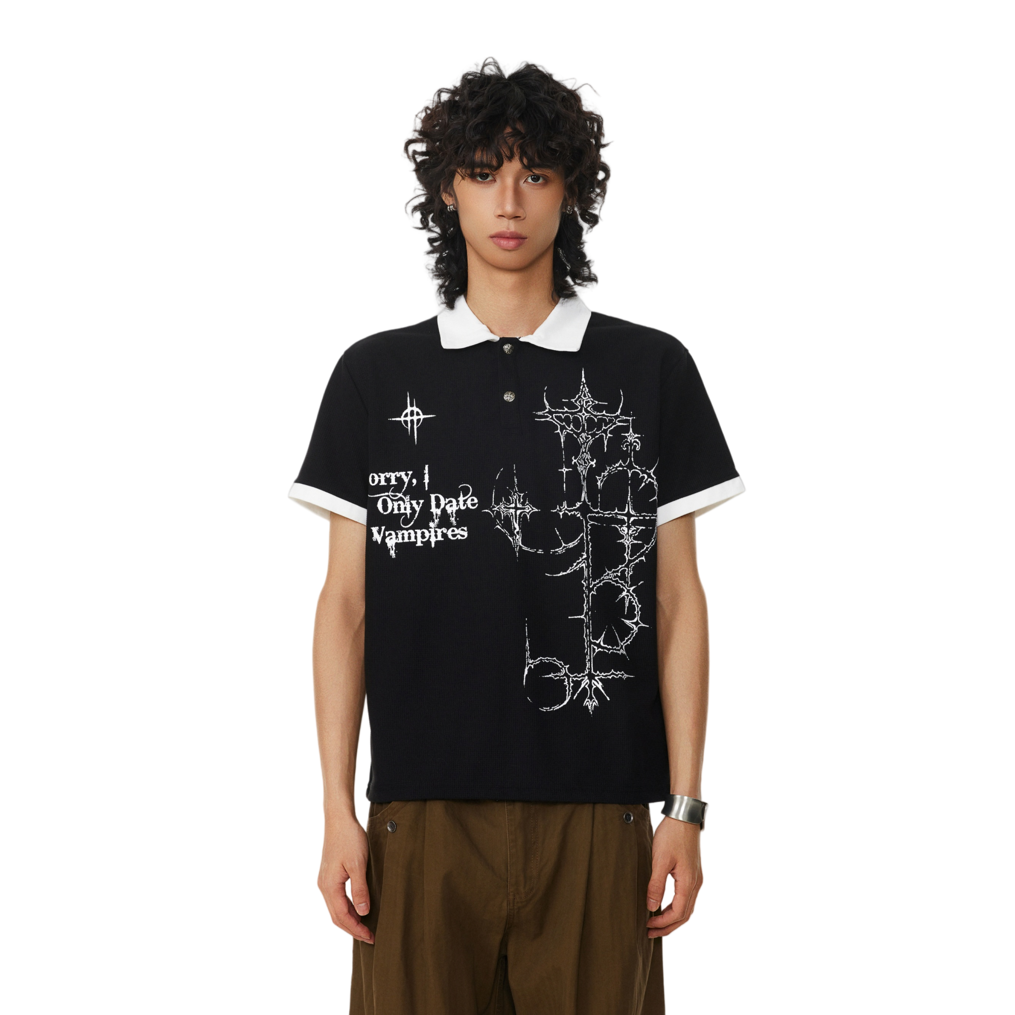 BTSG Waffle Print Front Shoulder Polo Shirt