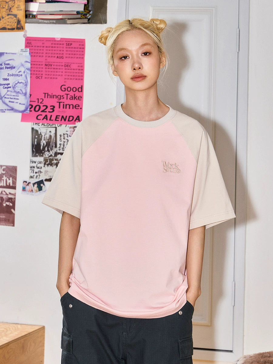 NICEBAD Contrasting Color Raglar Sleeve Embroidery Tee