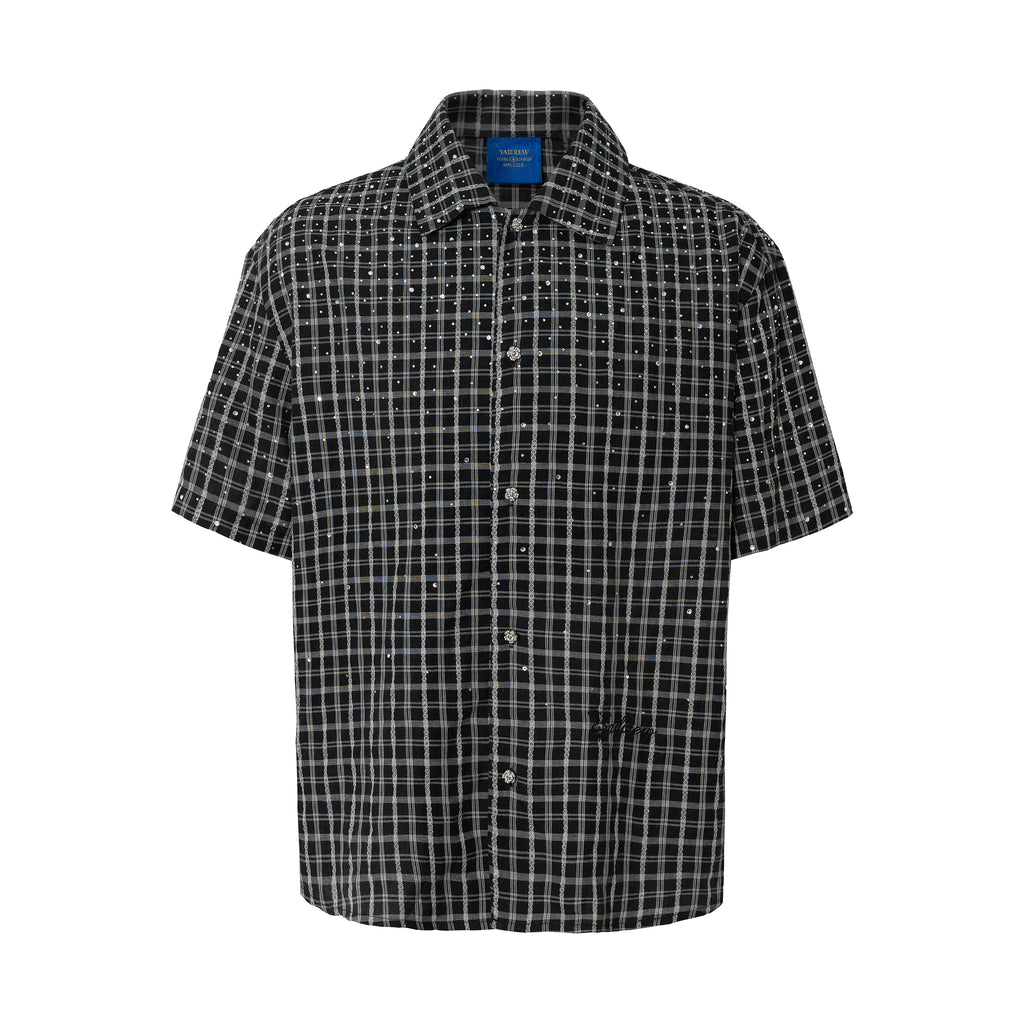 YADcrew Vintage Plaid Full Diamond Loose Short Sleeve Shirt