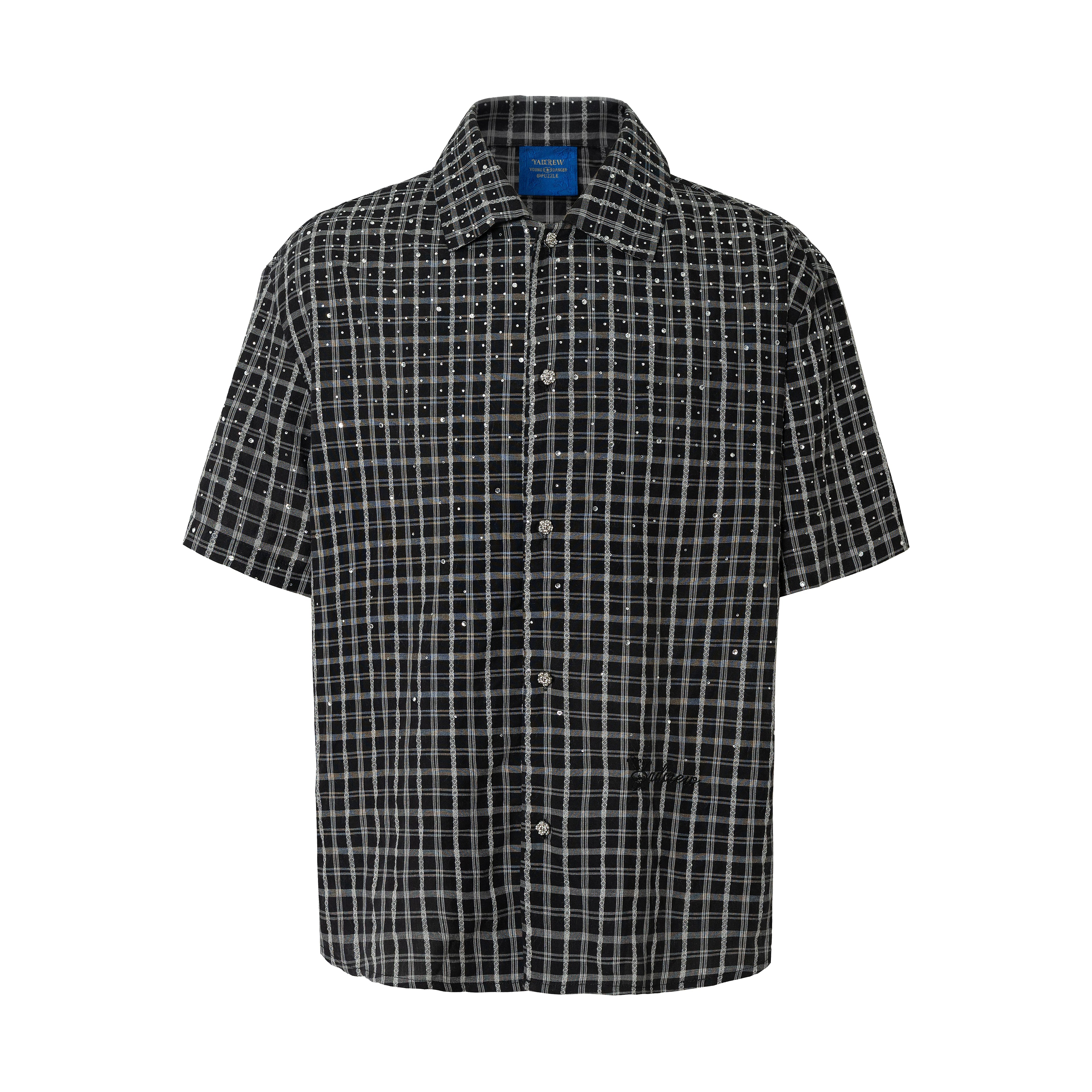 YADcrew Vintage Plaid Full Diamond Loose Short Sleeve Shirt