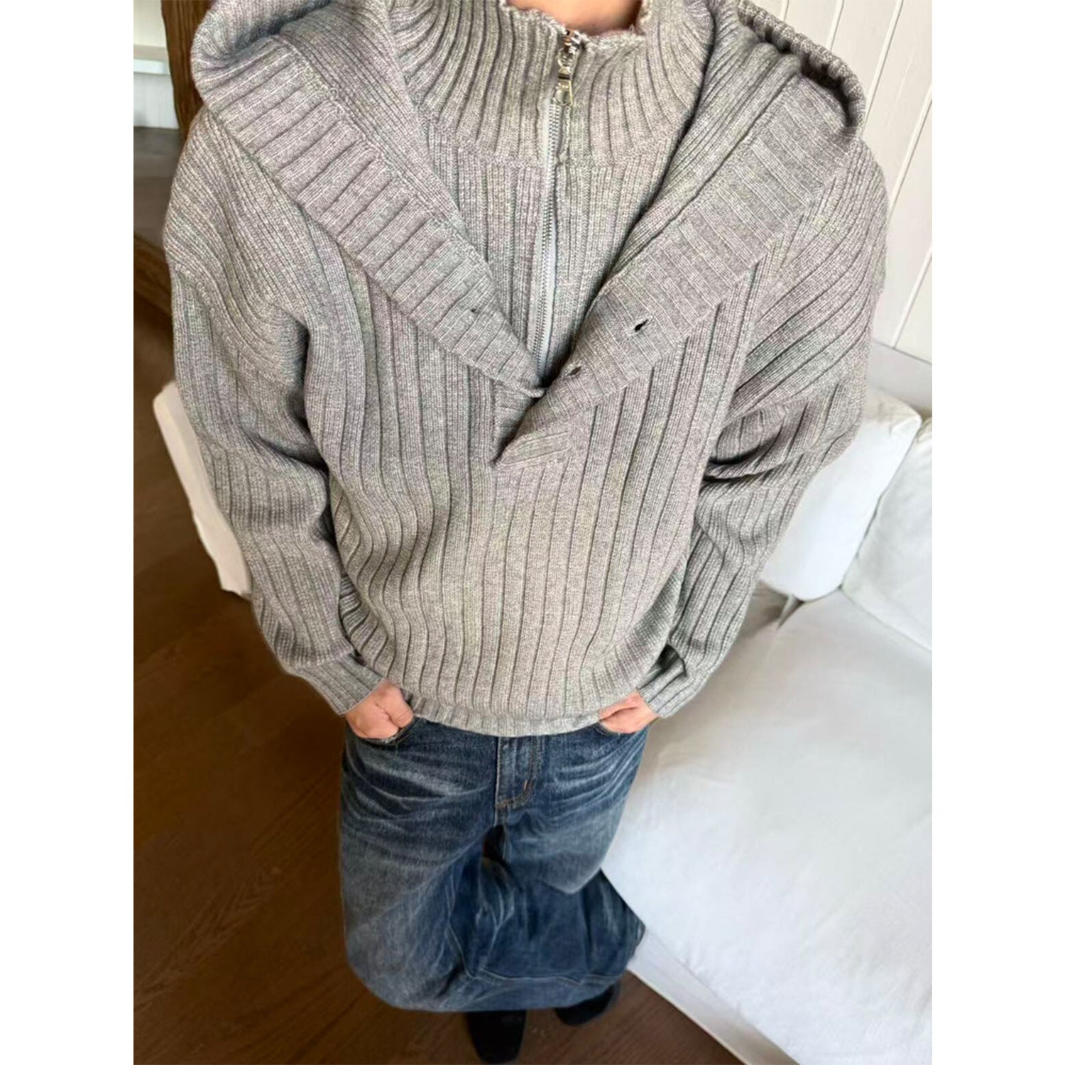 EME Fake Two-piece Stand-up Neck Hooded Thickened Knitted Sweater Jacket