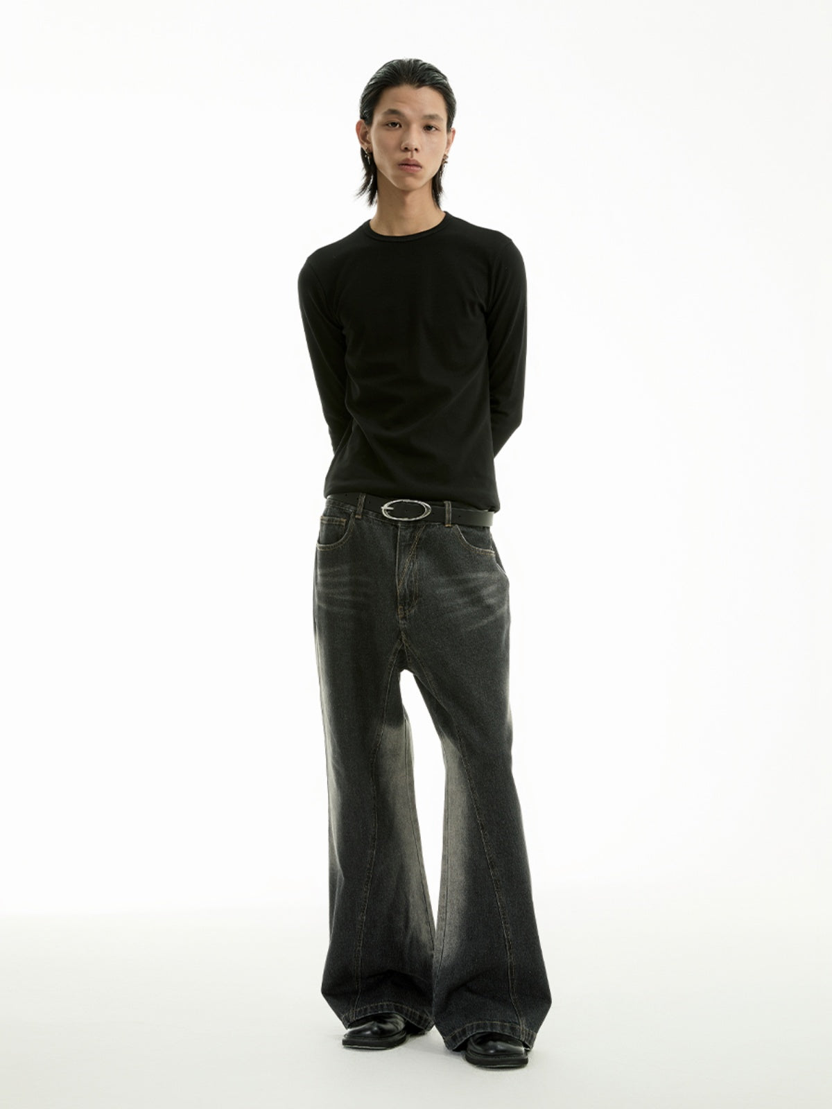 FUNKYFUN Oblique Bone Cut Old Cat Beard Straight Jeans