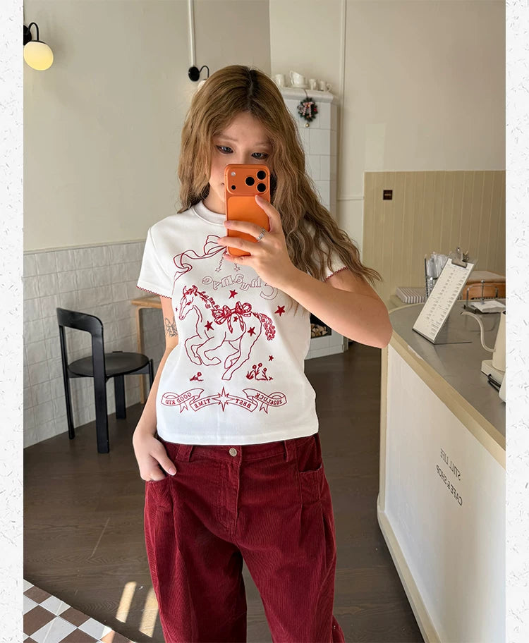 CCYE Embroidered Front Shoulder Lace Round Neck Tee
