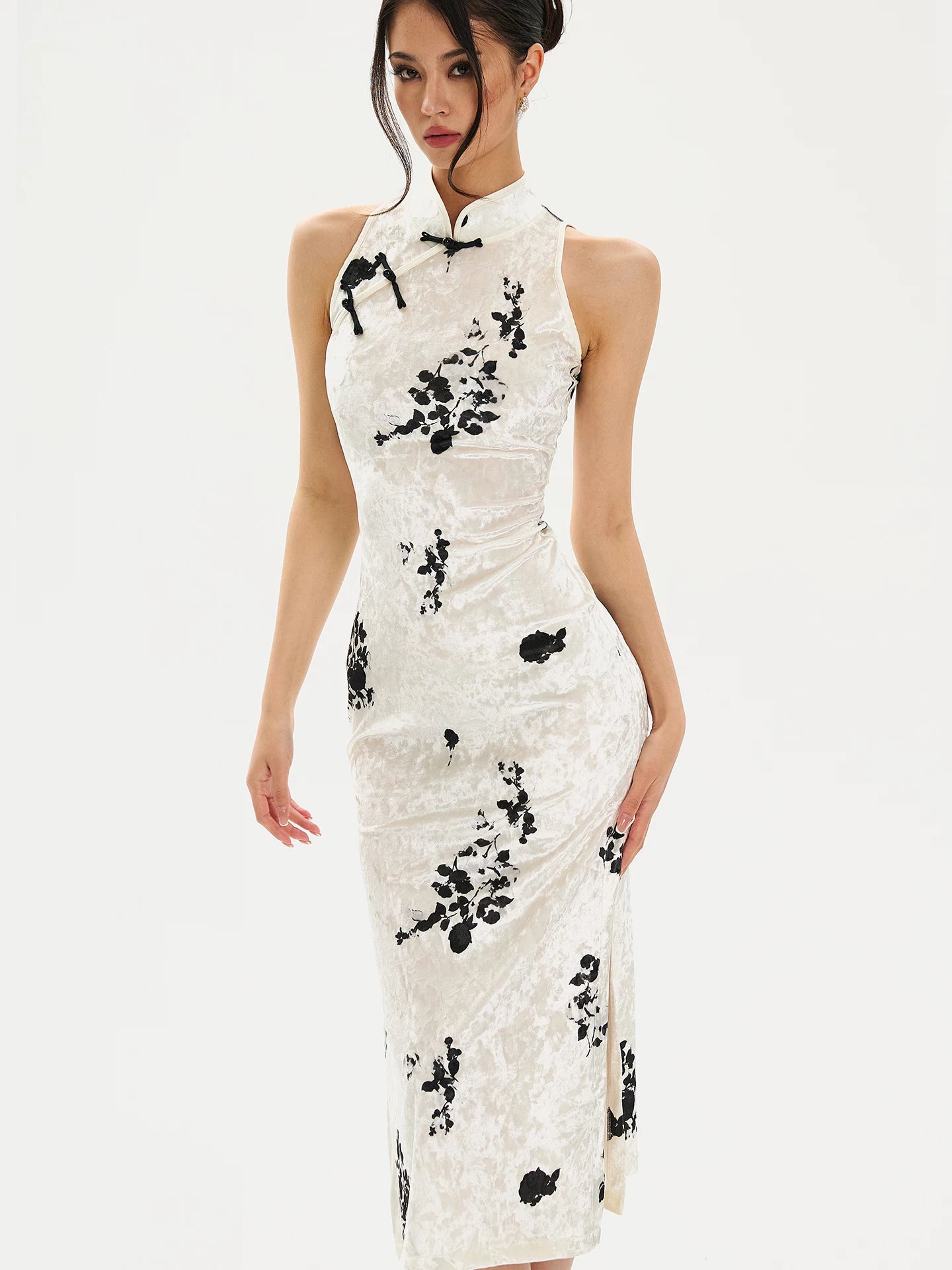 FINDYAWINGS Waist Ink Printing Long Cheongsam Dress