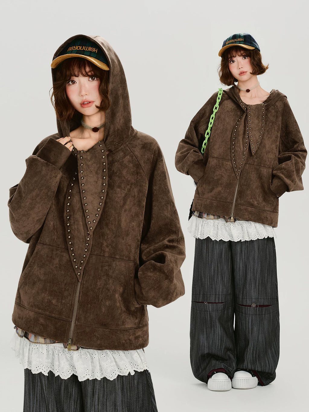 Girlyhalo Vintage Loose Suede Hooded Jacket