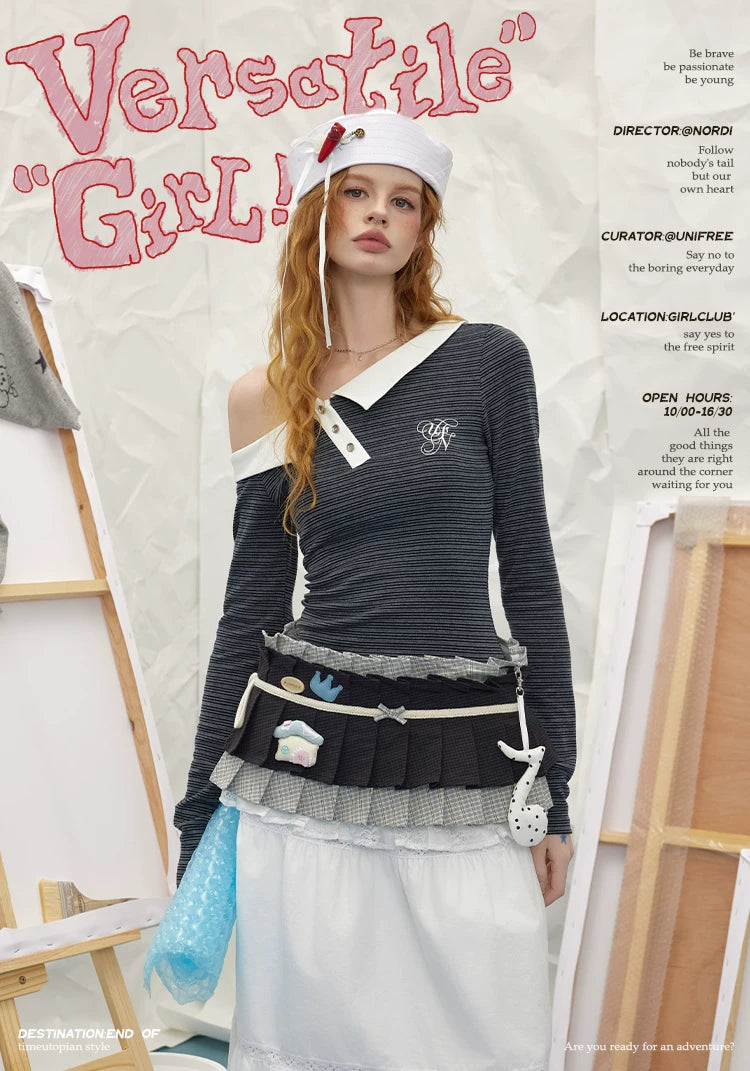 UNIFREE Plaid Splicing Contrasting Color Hem Fart Curtain Skirt