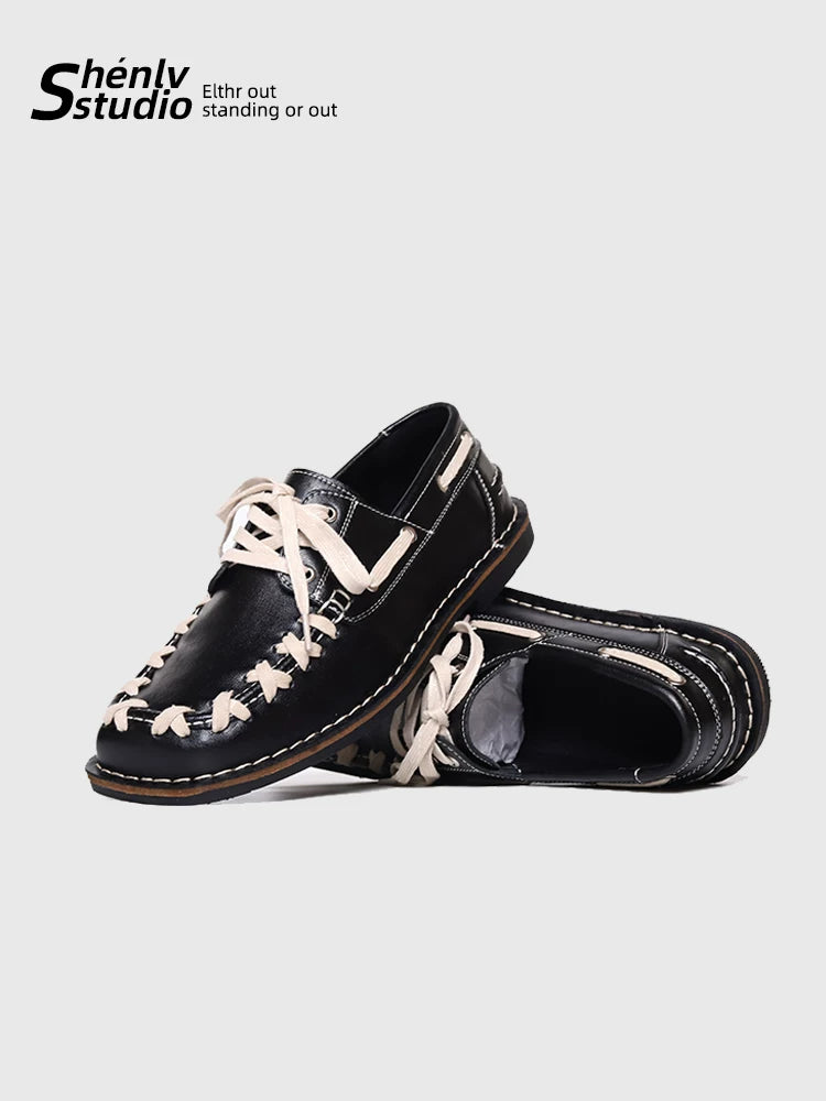 SHENLV STUDIO Cross-strap Square-head Flat-soled Leather Shoes