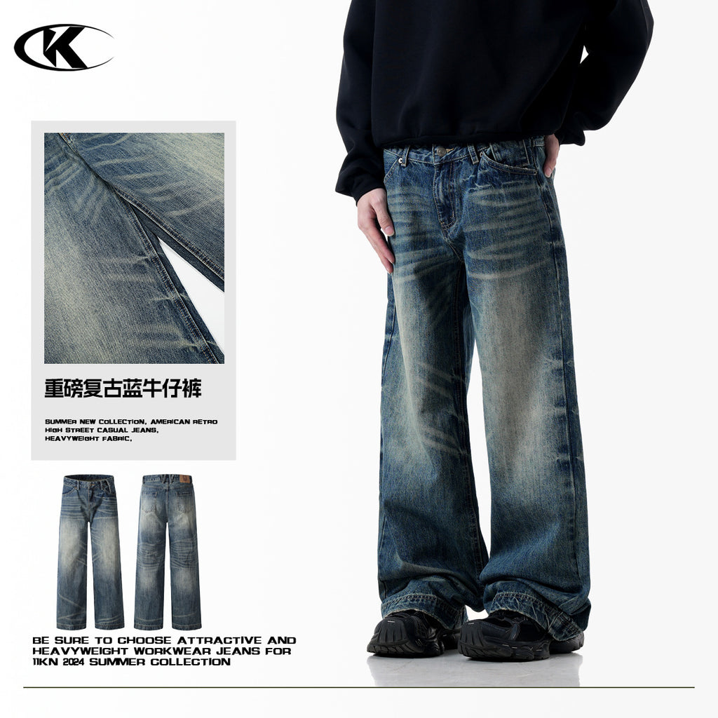 11KN American Retro Cleanfit High Street Washed Blue Loose Straight Jeans