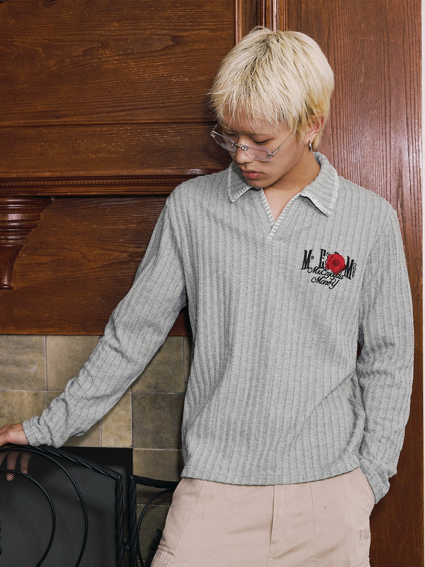MEDM Hand Stitching Wheat Spike Embroidery Polo Long Sleeve