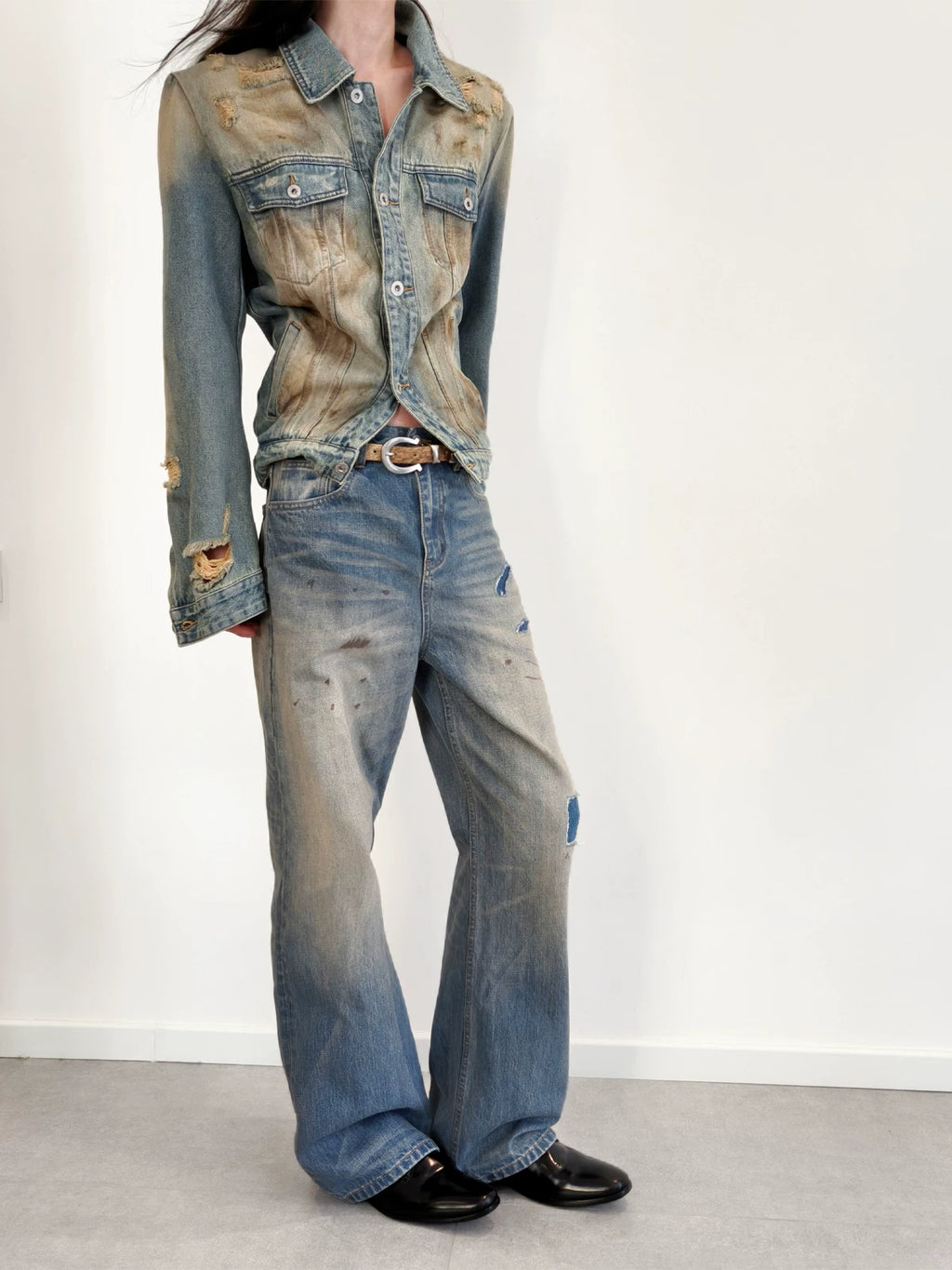 Slight Vogue Ripped Splicing Old Spray Embroidered Straight Jeans