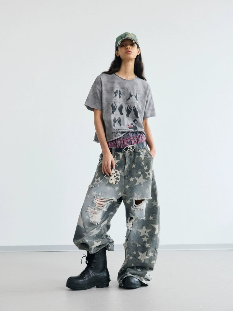 PEOPLESENSE Spray Horse Liu Star Pattern Old Ripped Scimitar Pants