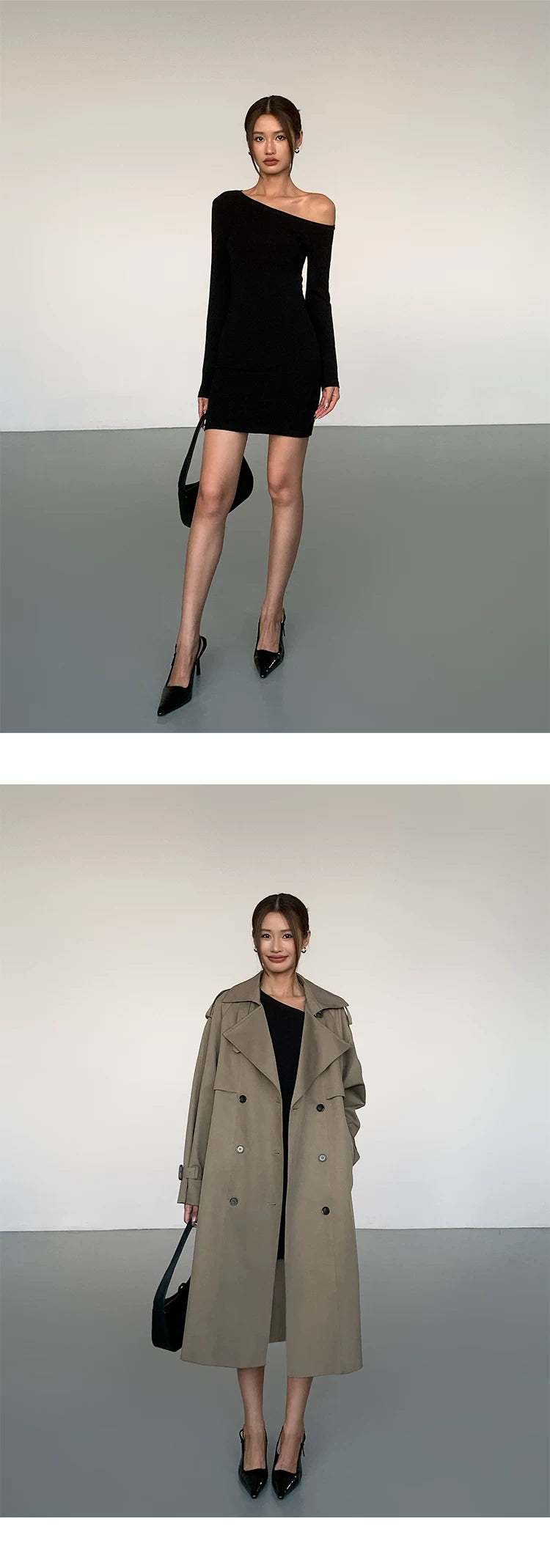 OUSPH Slim-fit Slanted Shoulder Knitted Long-sleeved Dress