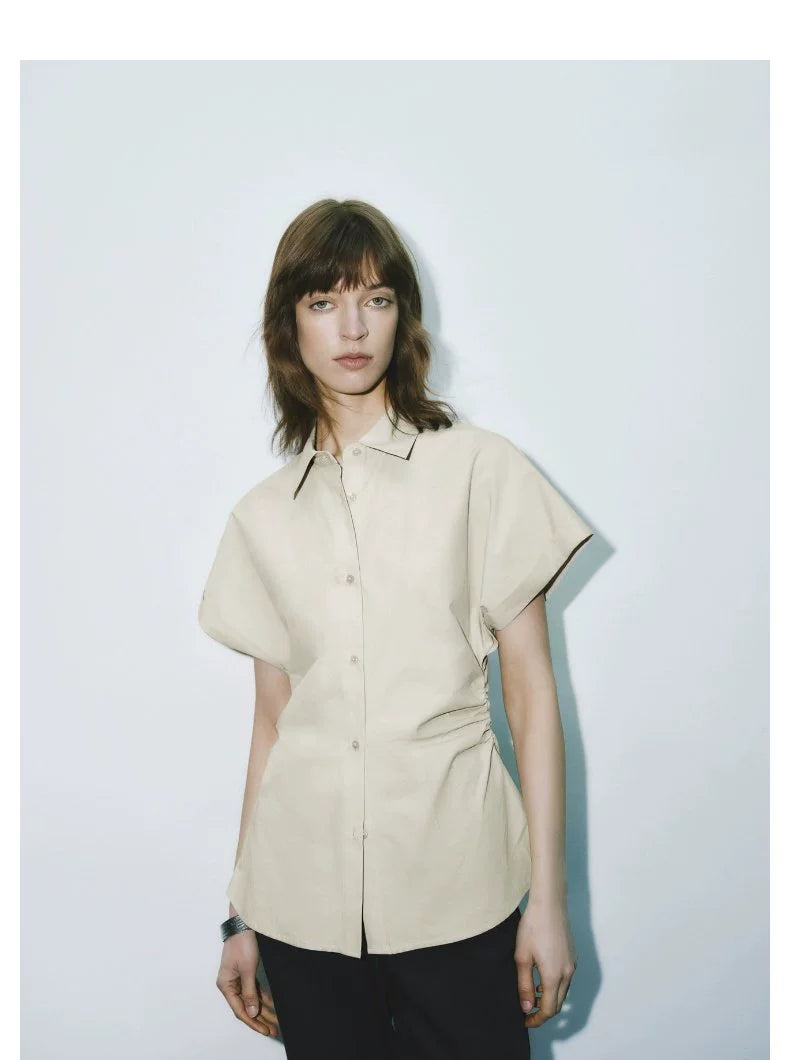 URBAN REVIVO Temperament Commuter Pleated Waist Open Shirt