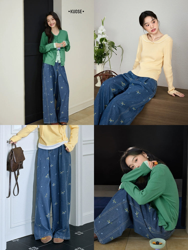 Kuose Embroidered Floral Wide-leg Jeans
