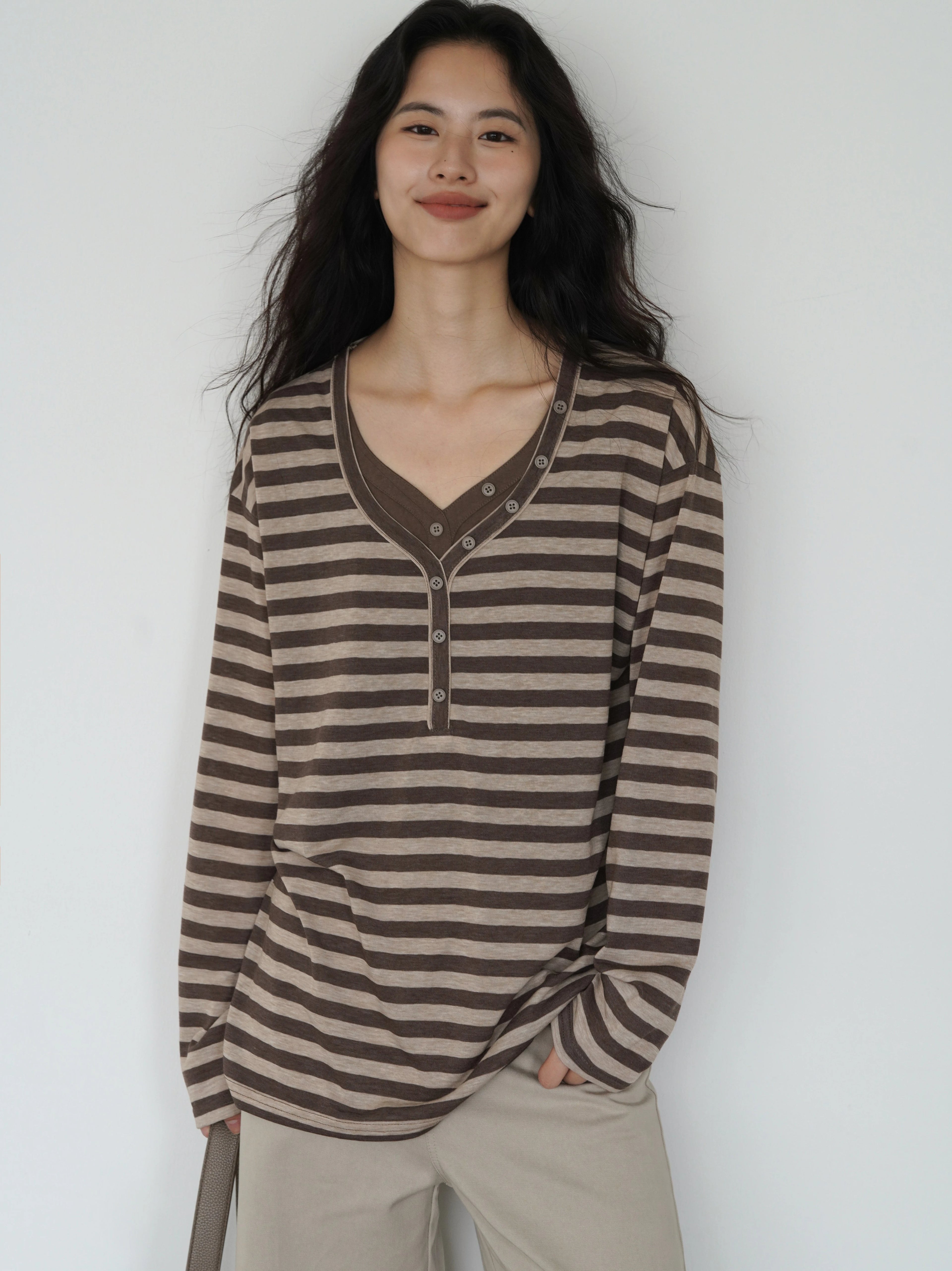 EIGHTHMONTH Lazy Wind Striped V-neck Button Long Sleeve