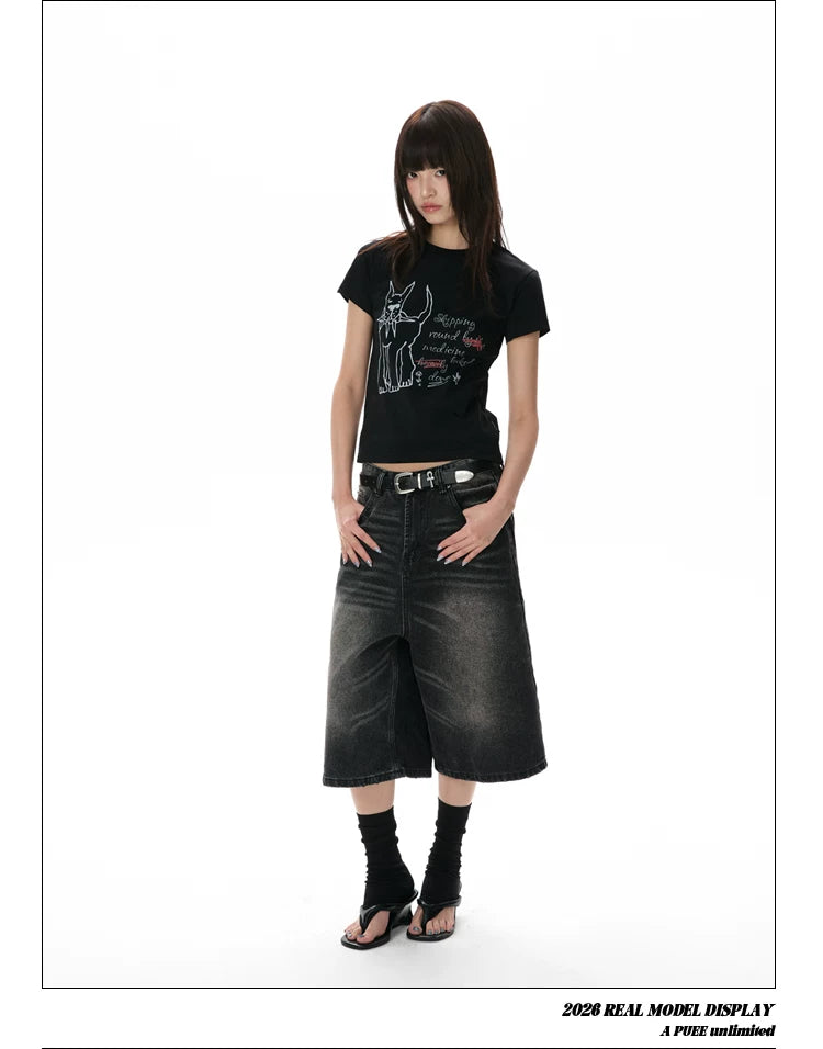 A PUEE Retro Denim Loose and Versatile Cropped Pants