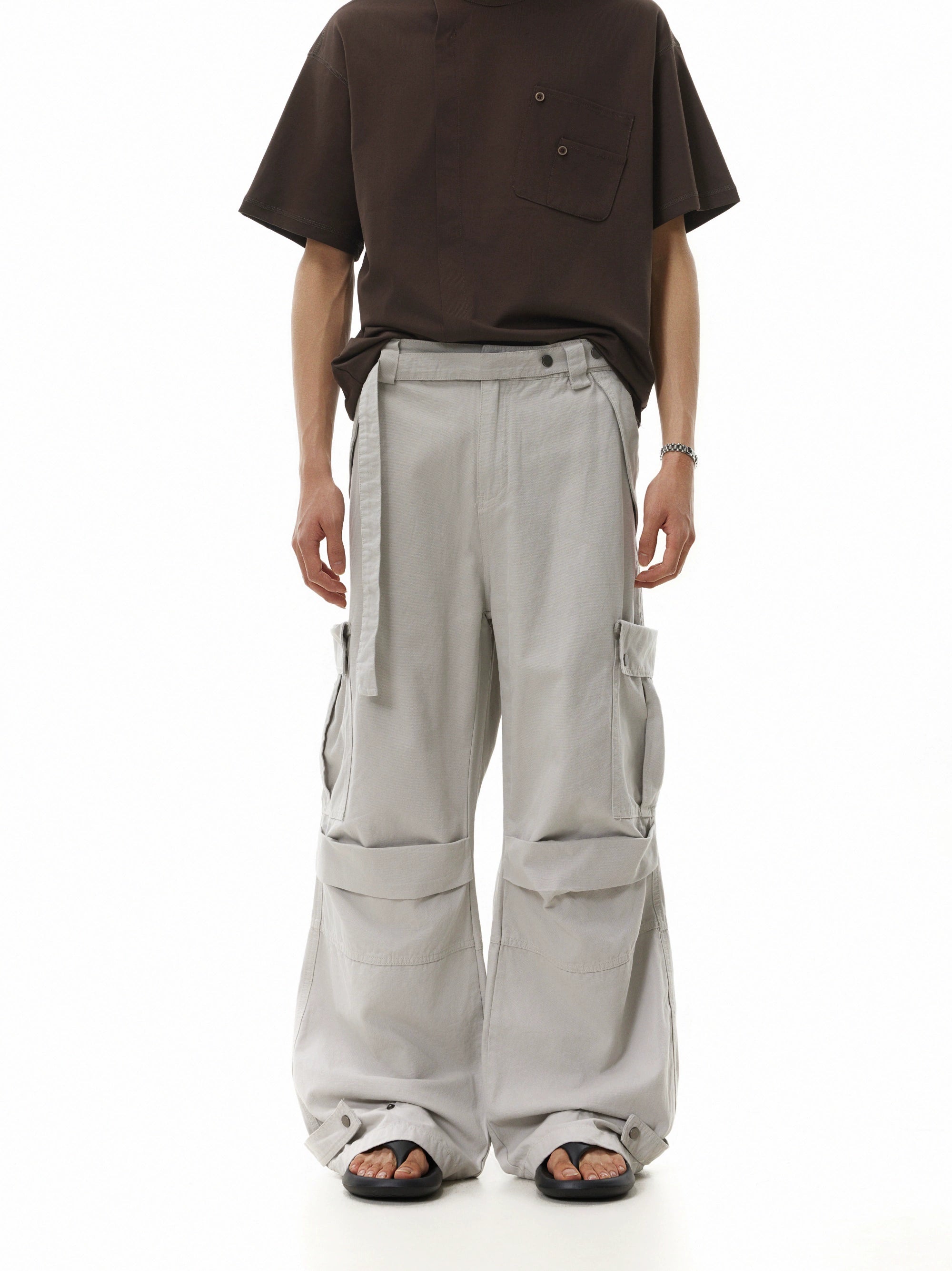 BTSG Pleated Straps Three-dimensional Multi-pocket Tooling Wide-leg Pants