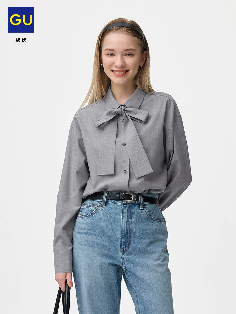 GU Fashion Casual Lace-Up Shirt Long Sleeve