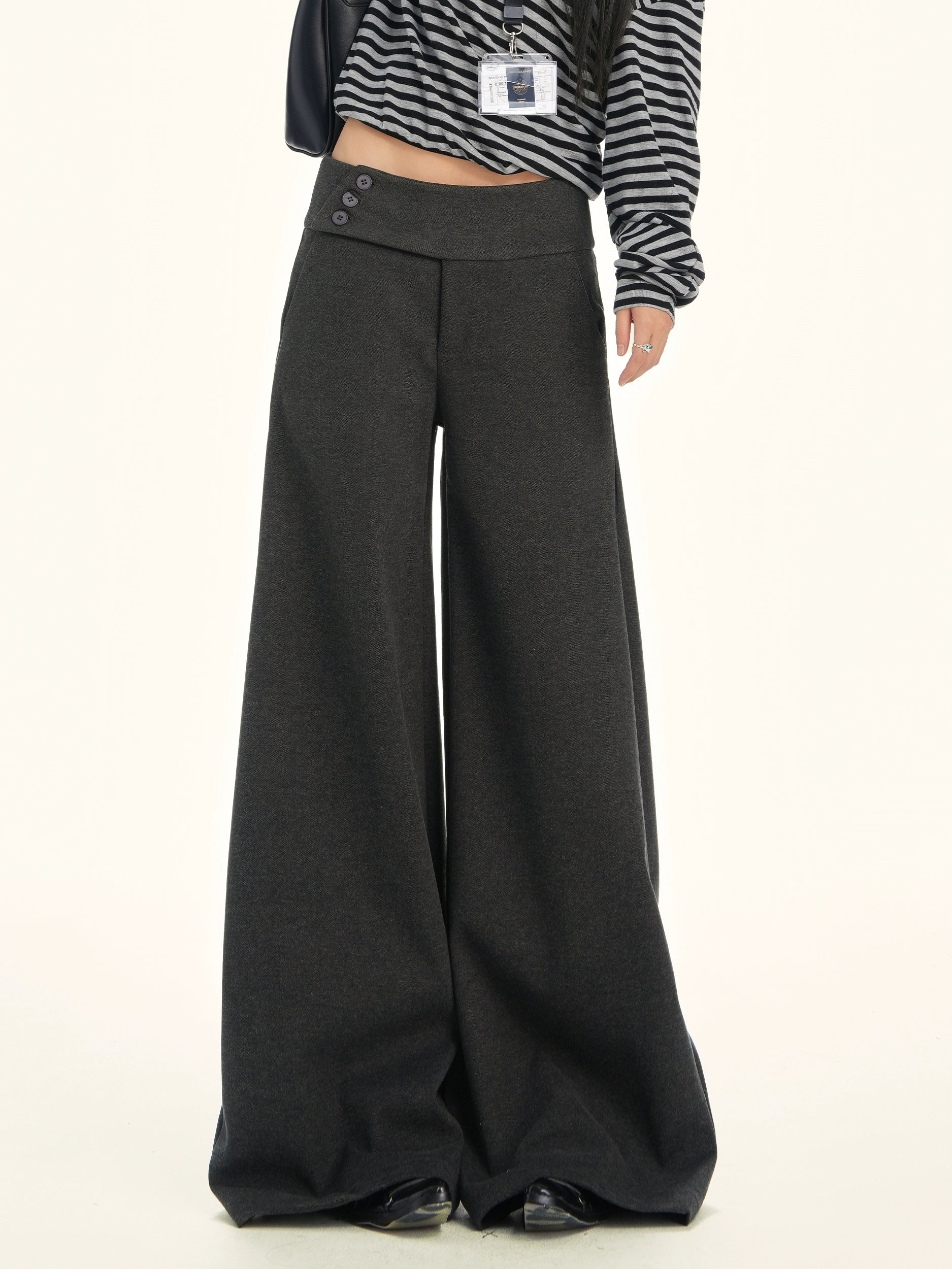 ZAVK Side Waist Button Skinny Wide Leg Pants