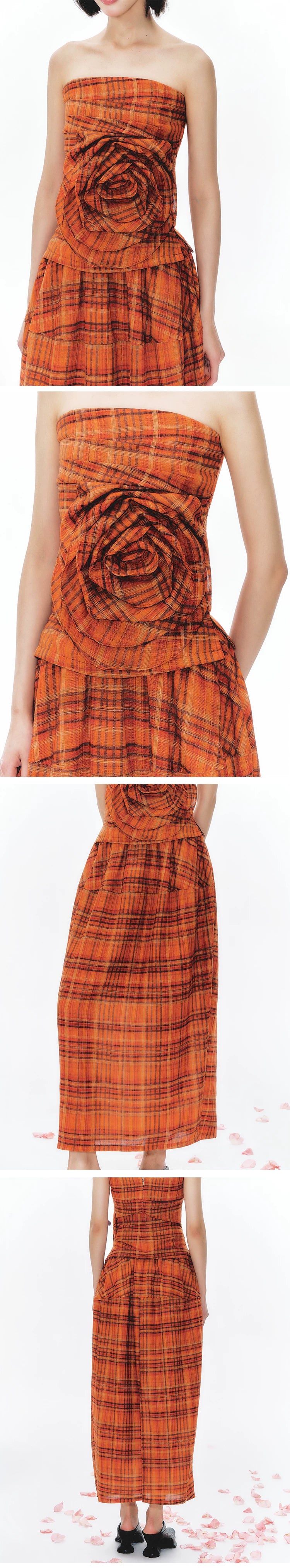 YEDM Retro Plaid Three-dimensional Rose Tube Top Set