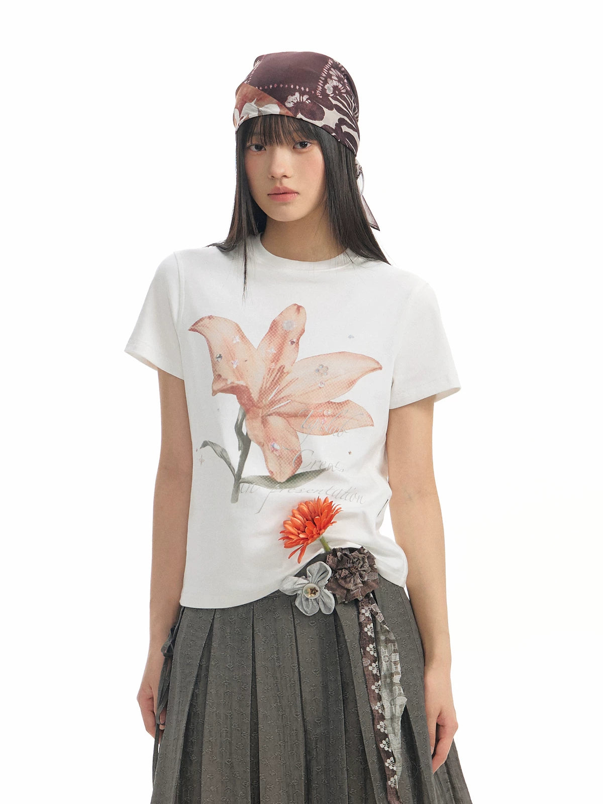 TGNS Lily Print Casual Slim Shoulder Tee