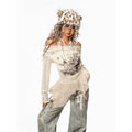 Arielink Retro Mesh Hem One-word Shoulder Graffiti Long Sleeve