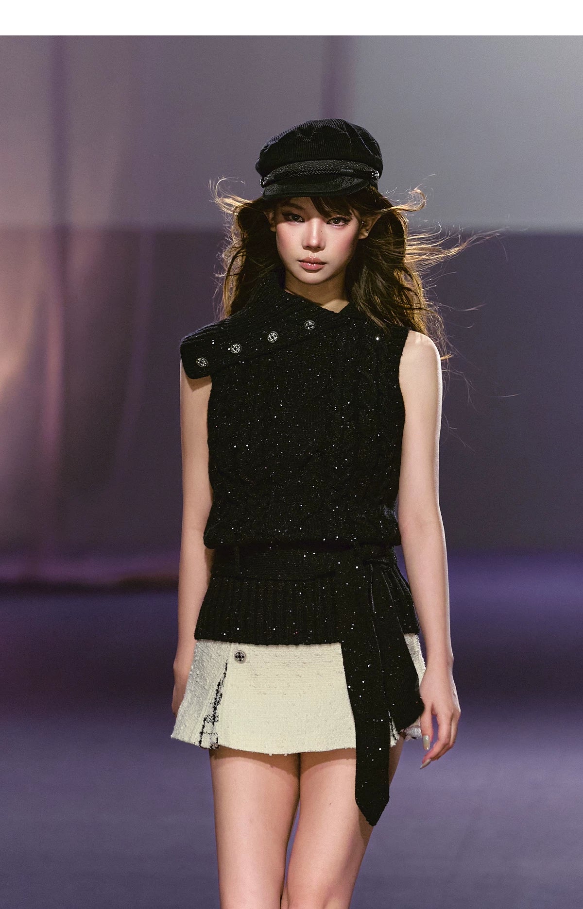 AGAM Vintage Lapel Plaid Sequin Fine Glitter Wool Vest