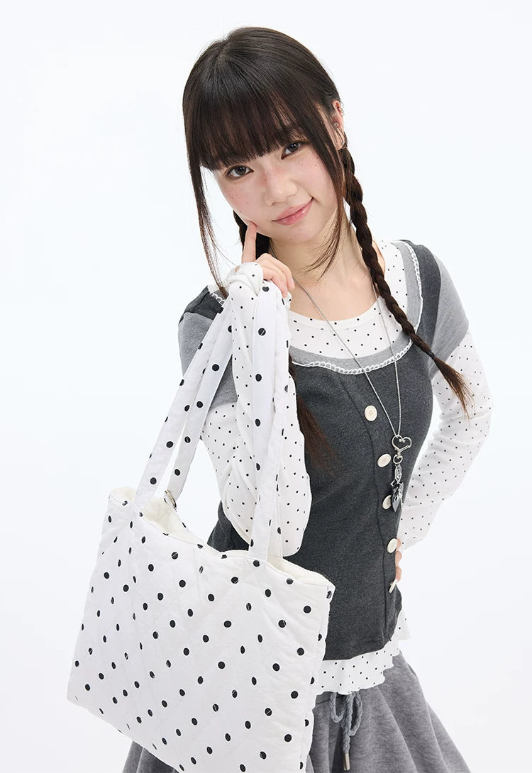 MOMSAYCAN Polka Dot Splicing Lace Slim Fit Long Sleeve