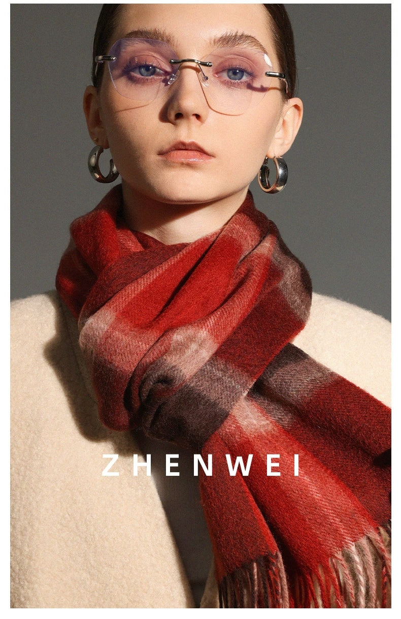 ZHENWEI 100% Wool Plaid Scarf