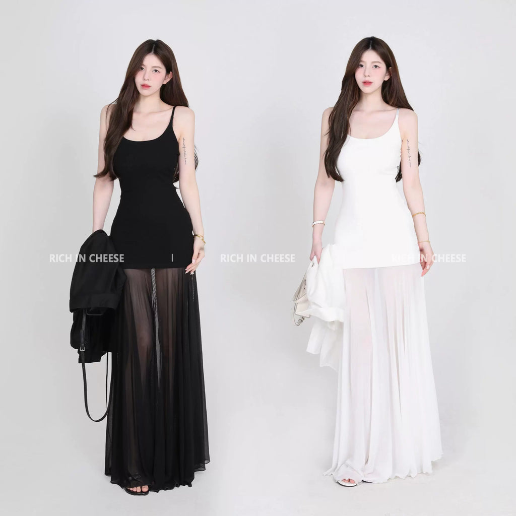 RICH IN CHEESE Stitched Fishtail Mesh Waist Dress