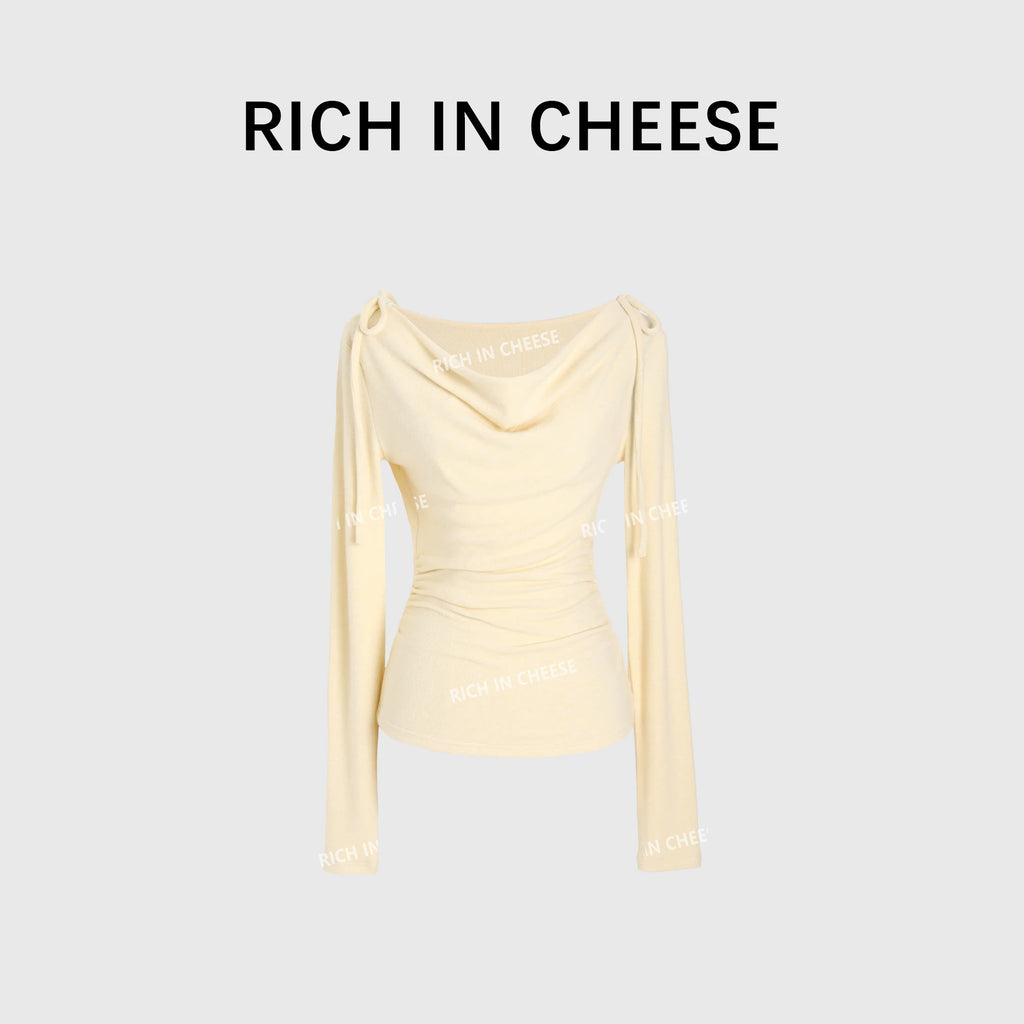 RICH IN CHEESE Pure Desire Swing Neck Knitted Waist Pleated Long Sleeves