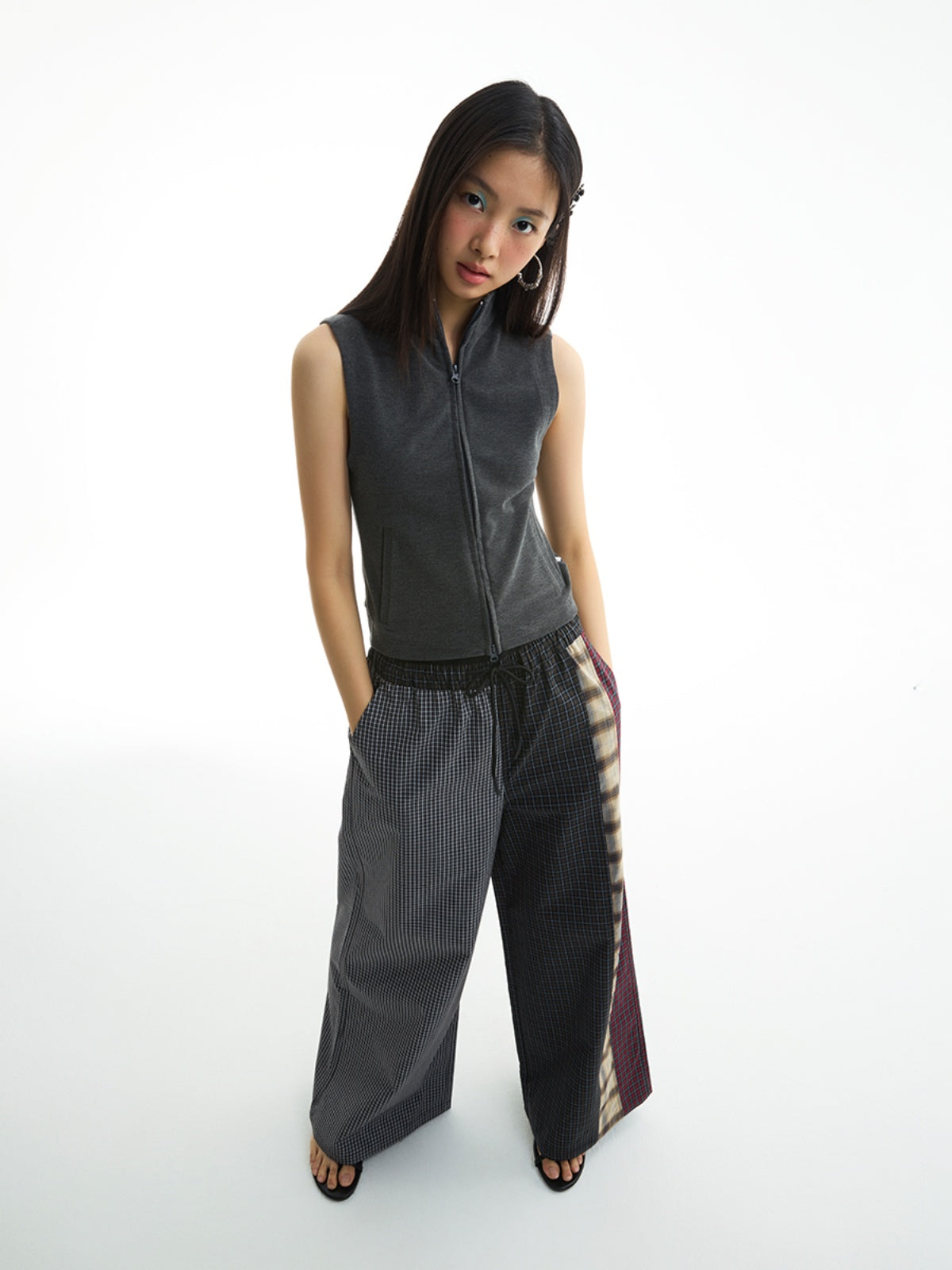 FUNKYFUN Waist Stand-up Collar Double Zipper Cardigan Vest