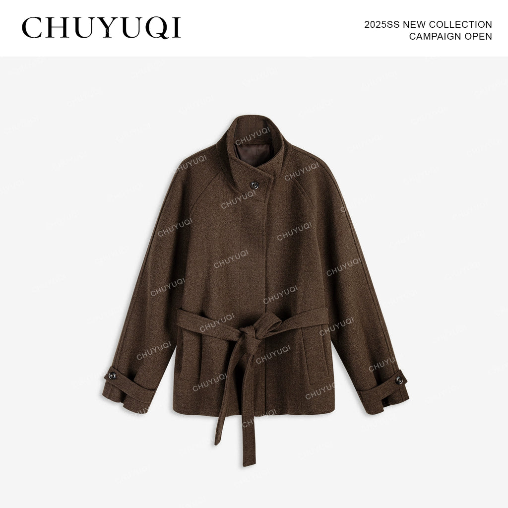 CHUYUQI Extravagant Woolen Belt Shorts Jacket