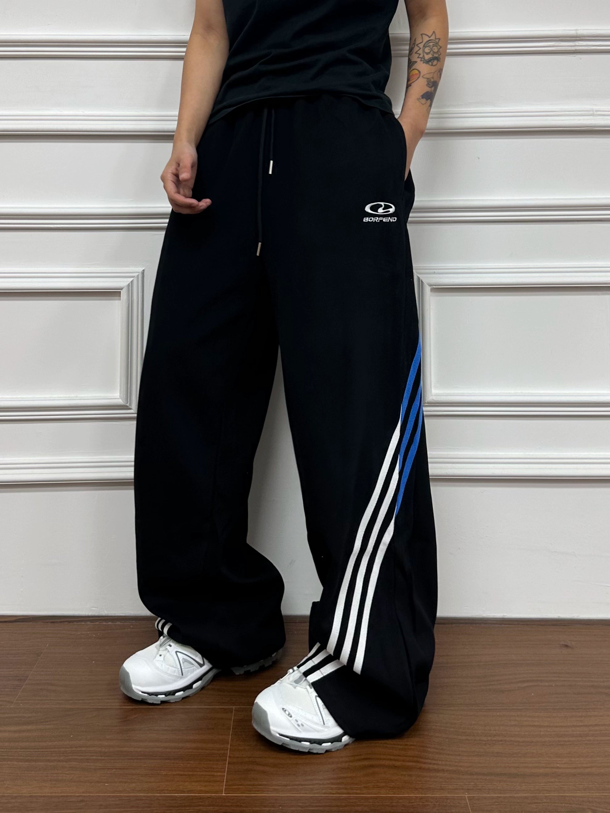BeOurRule Vintage Straight Contrast Three-Bar Splicing Wide Leg Casual Pants