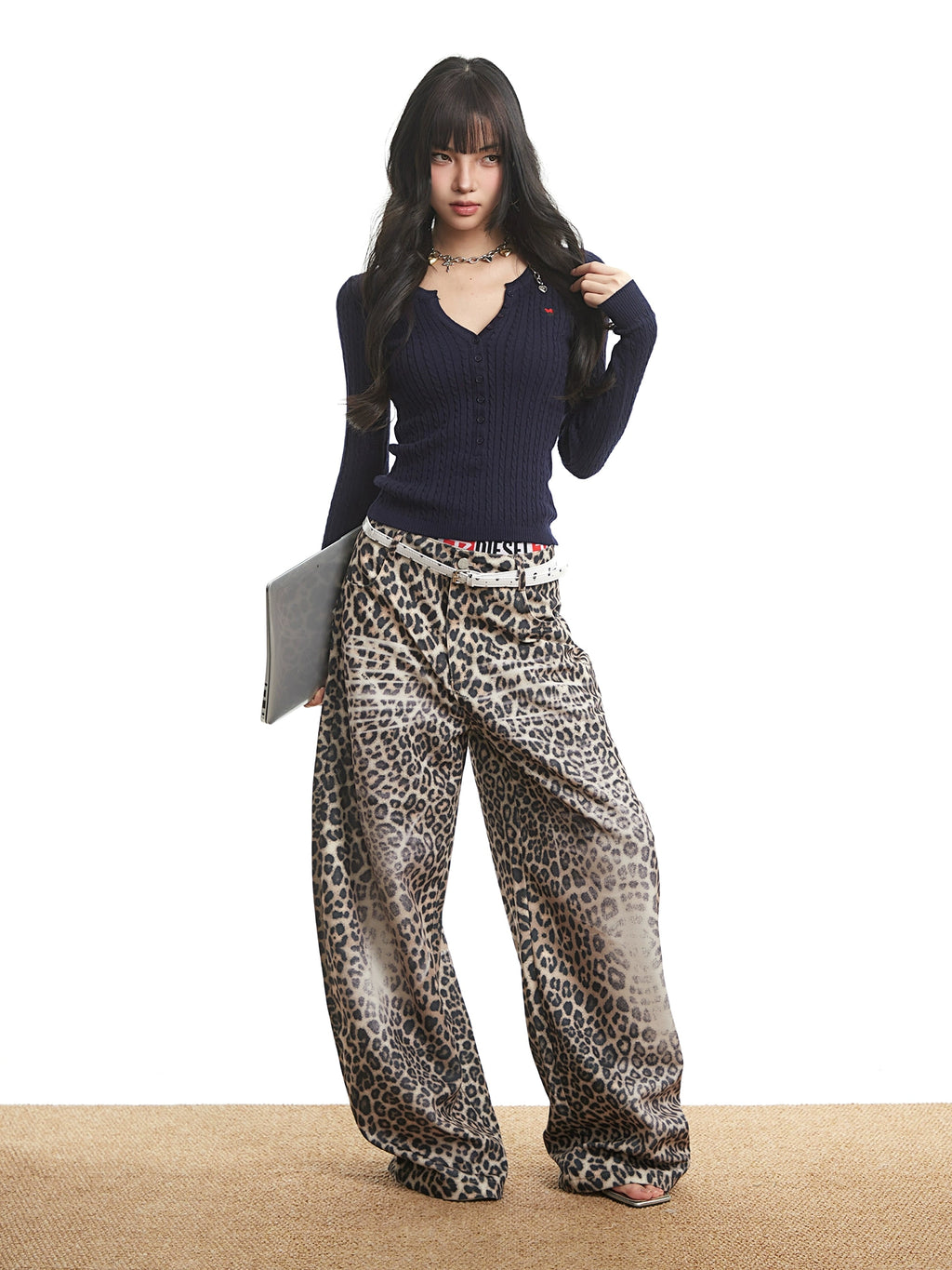 Mershier Leopard Wide Leg Loose Straight Jeans