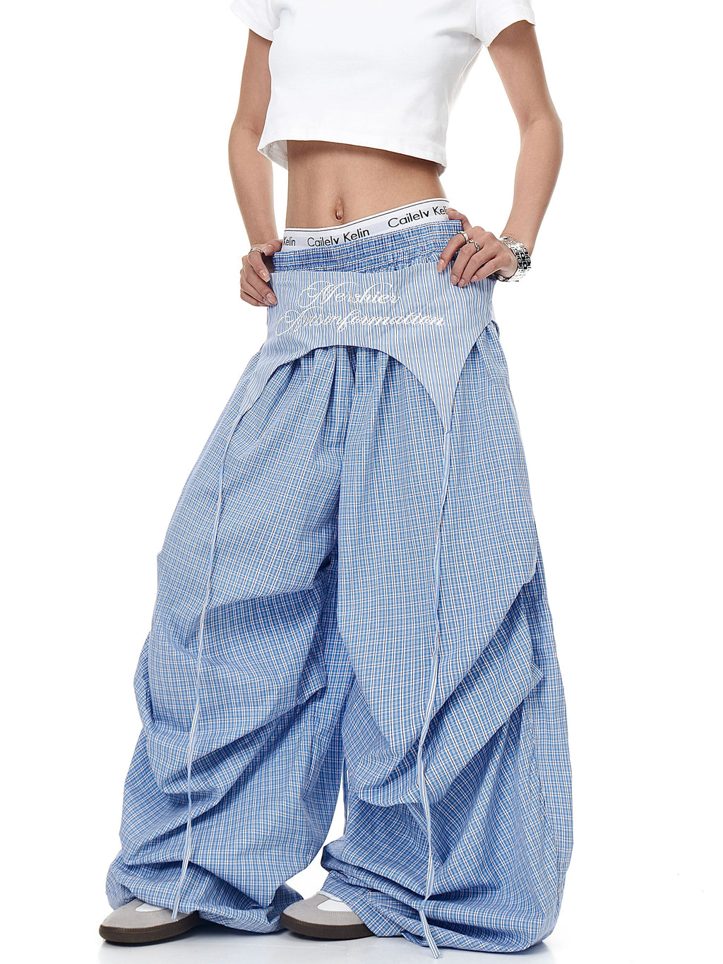 Mershier Retro Lazy Wind Fart Curtain Stacked Plaid Wide-leg Pants