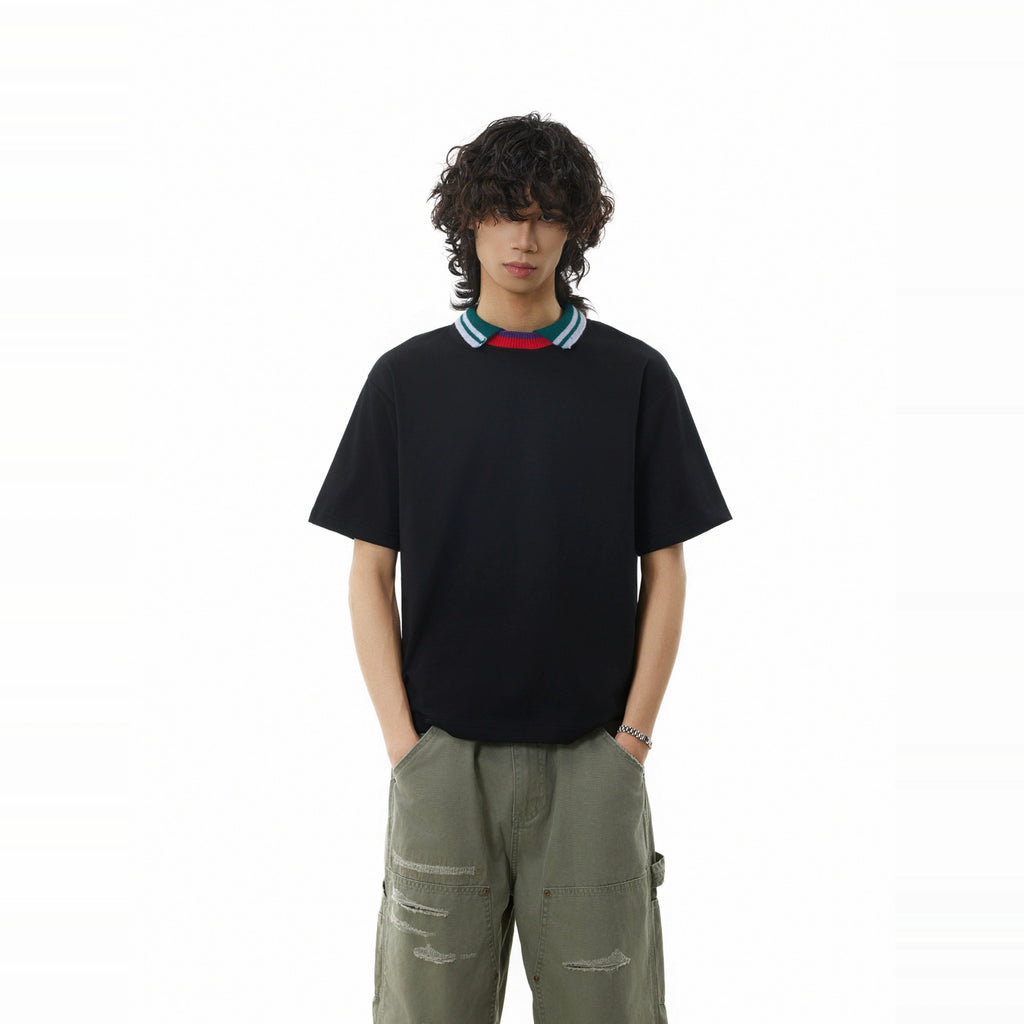 BTSG three-color splicing threaded neckline lapel Tee