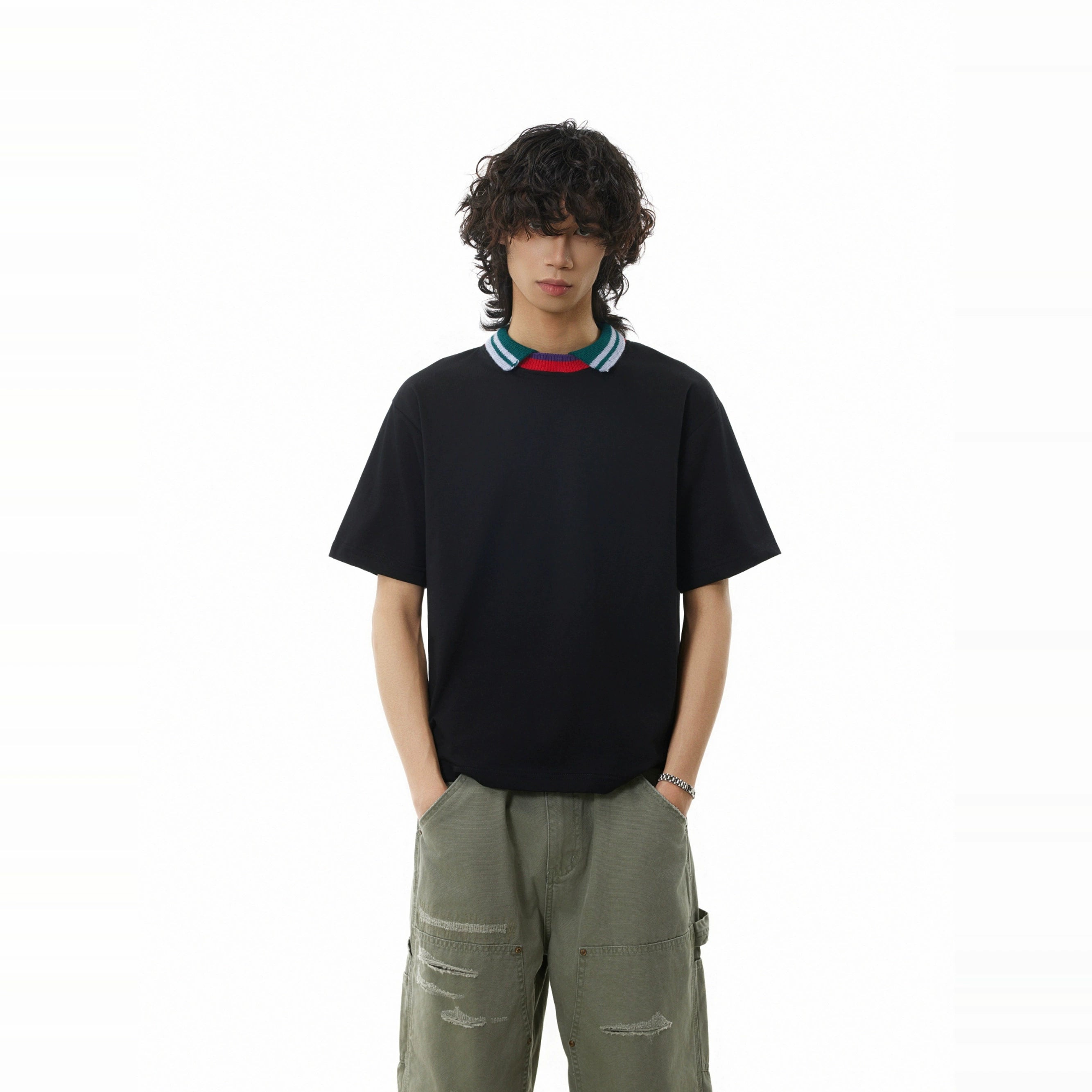 BTSG three-color splicing threaded neckline lapel Tee
