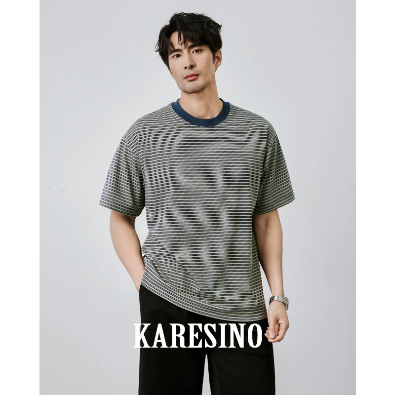 KARESINO Contrasting Striped Casual Round Neck Tee