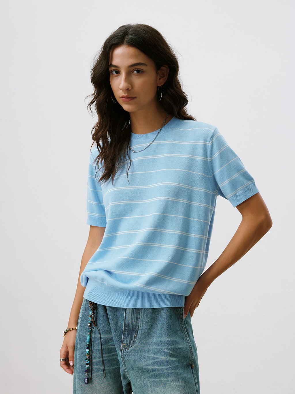 LR MADE Cuff Hem Tightened Knitted Striped Tee