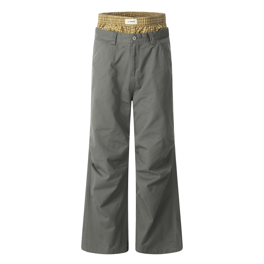 11KN Plaid Splicing Casual Straight-leg Pants