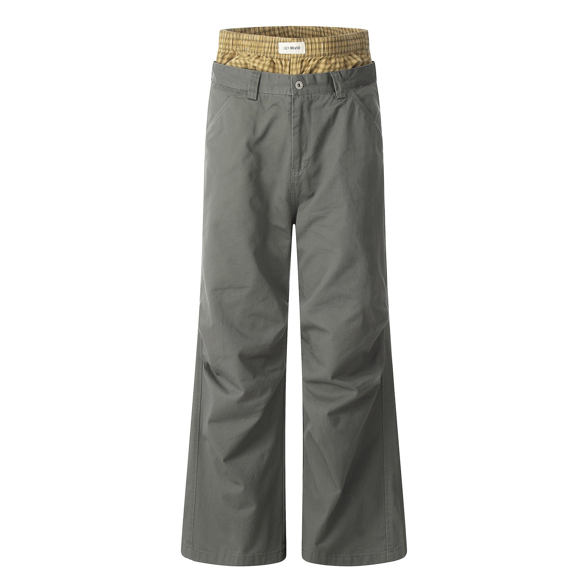 11KN Plaid Splicing Casual Straight-leg Pants