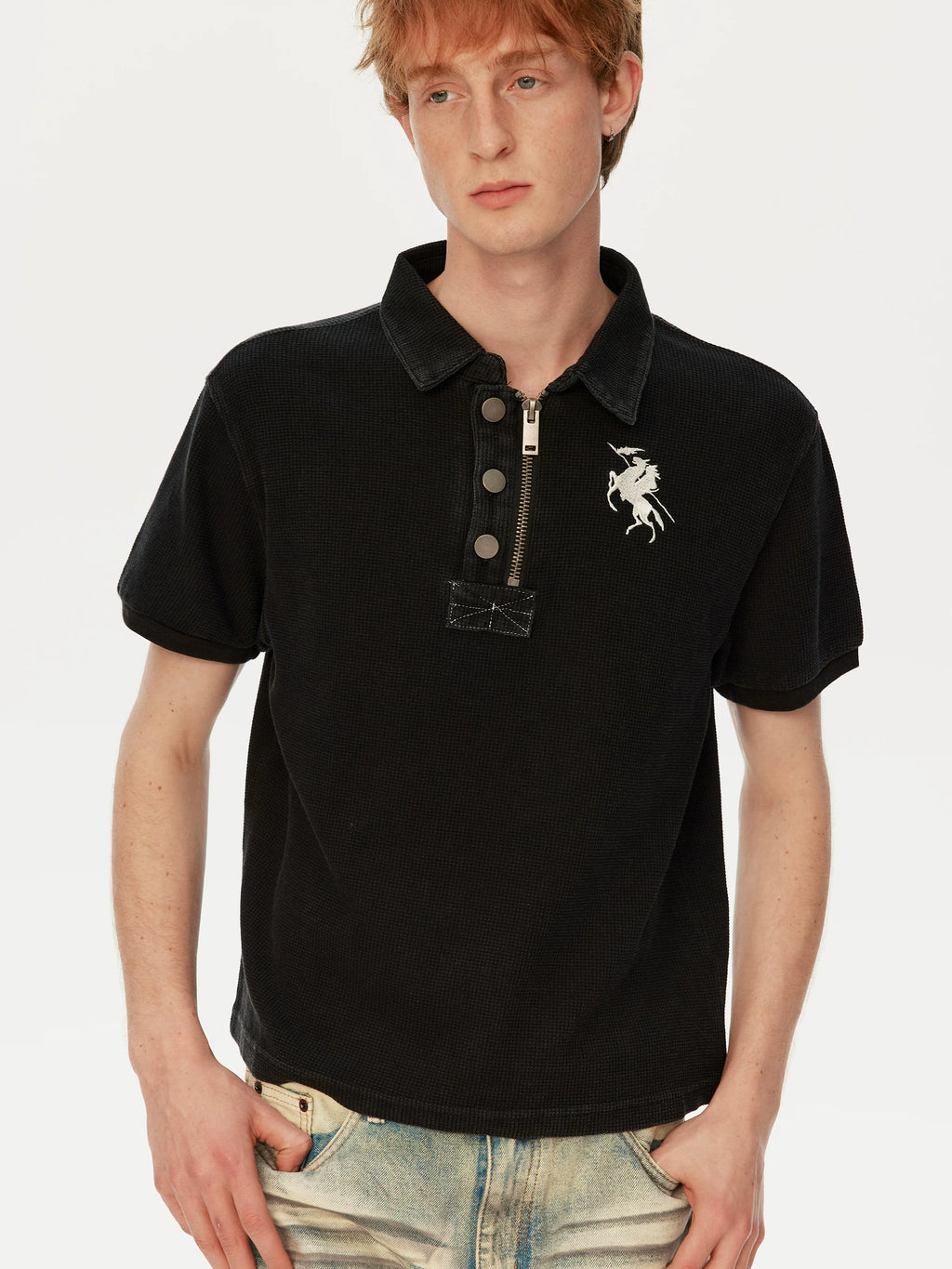 MADWITCH Vintage Embroidered Waffle Polo Collar Long Sleeve