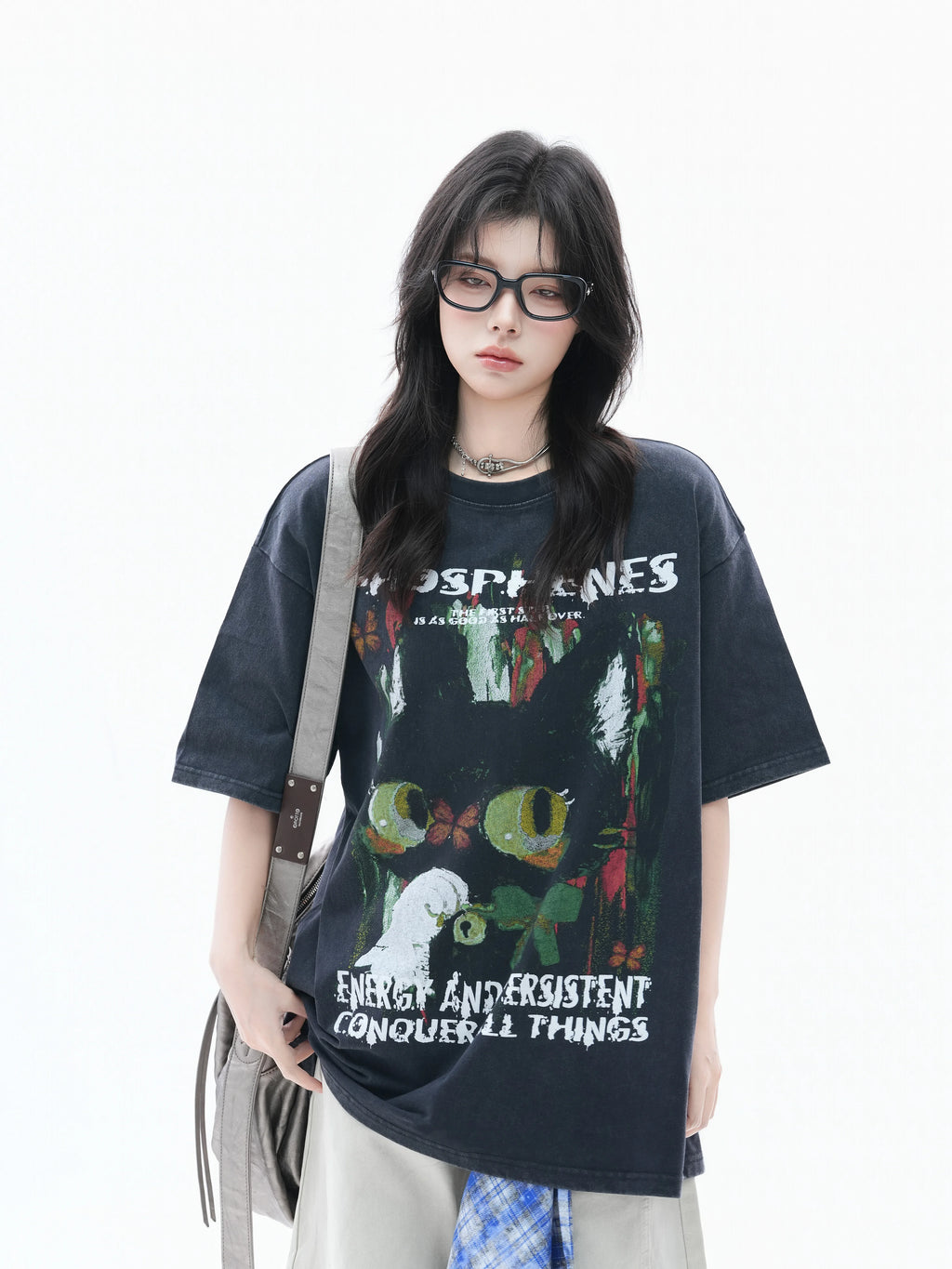Zuocisankon Oversize Cute Cat Graffiti Print Tee