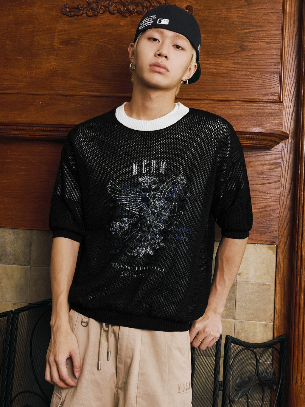 MEDM Letter Pattern Casual Old Knitted Round Neck Tee