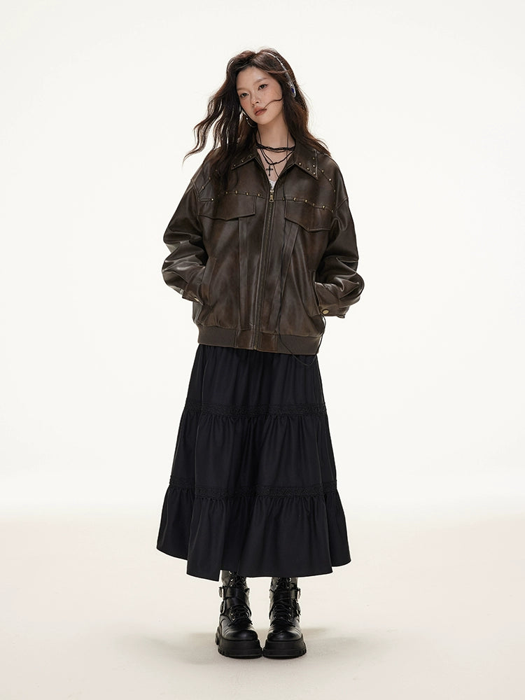 IMONE Vintage Loose Skinny Lapel PU Leather Jacket