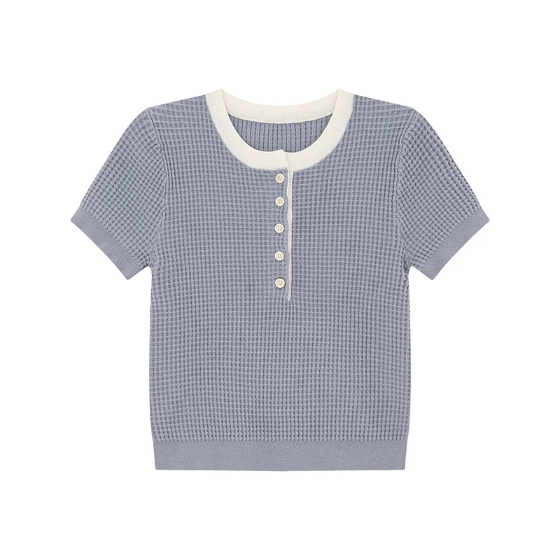 KANO Contrasting Color Round Neck Semi-open Short-sleeved Knitted Sweater