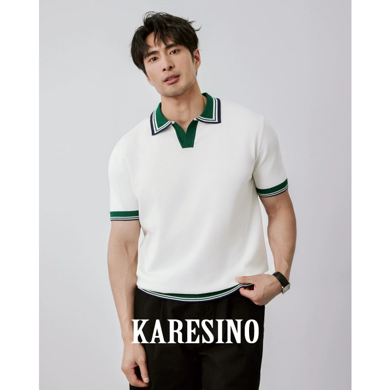 KARESINO Cold Silk Cool Color Contrasting Splicing Knitted Polo Shirt