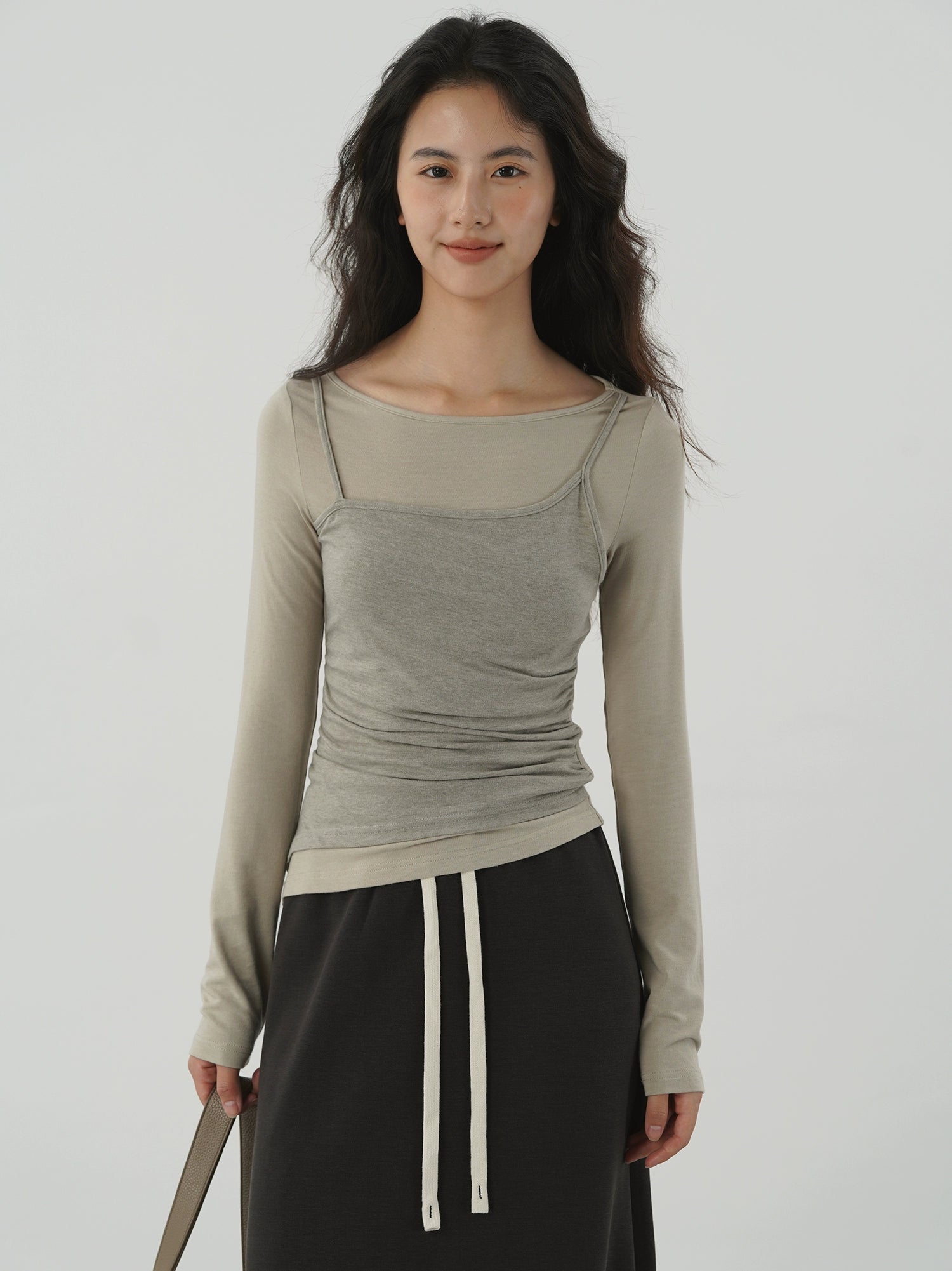 EIGHTHMONTH Suspender Fake Two-piece Splicing Slim-fit Pleated Long Sleeve