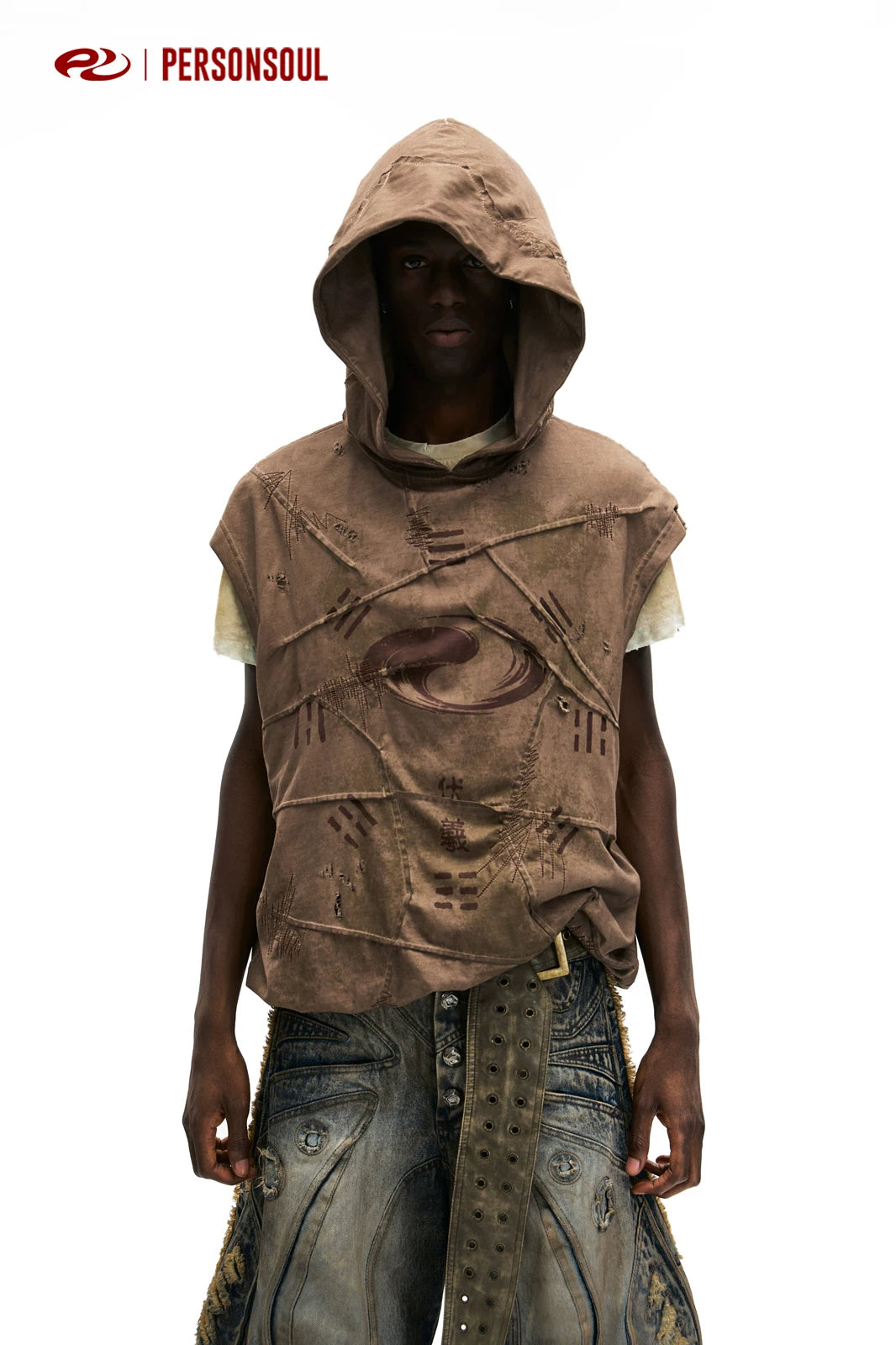 PERSONSOUL Sleeveless Loose Hooded Vest